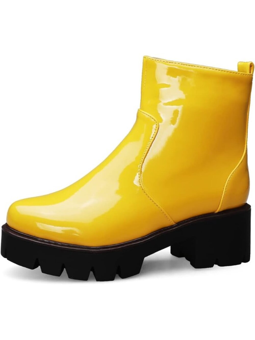 Women's Yellow Ankle Boots Patent Leather Round Toe Platform ZIP Chunky Mid Heel
